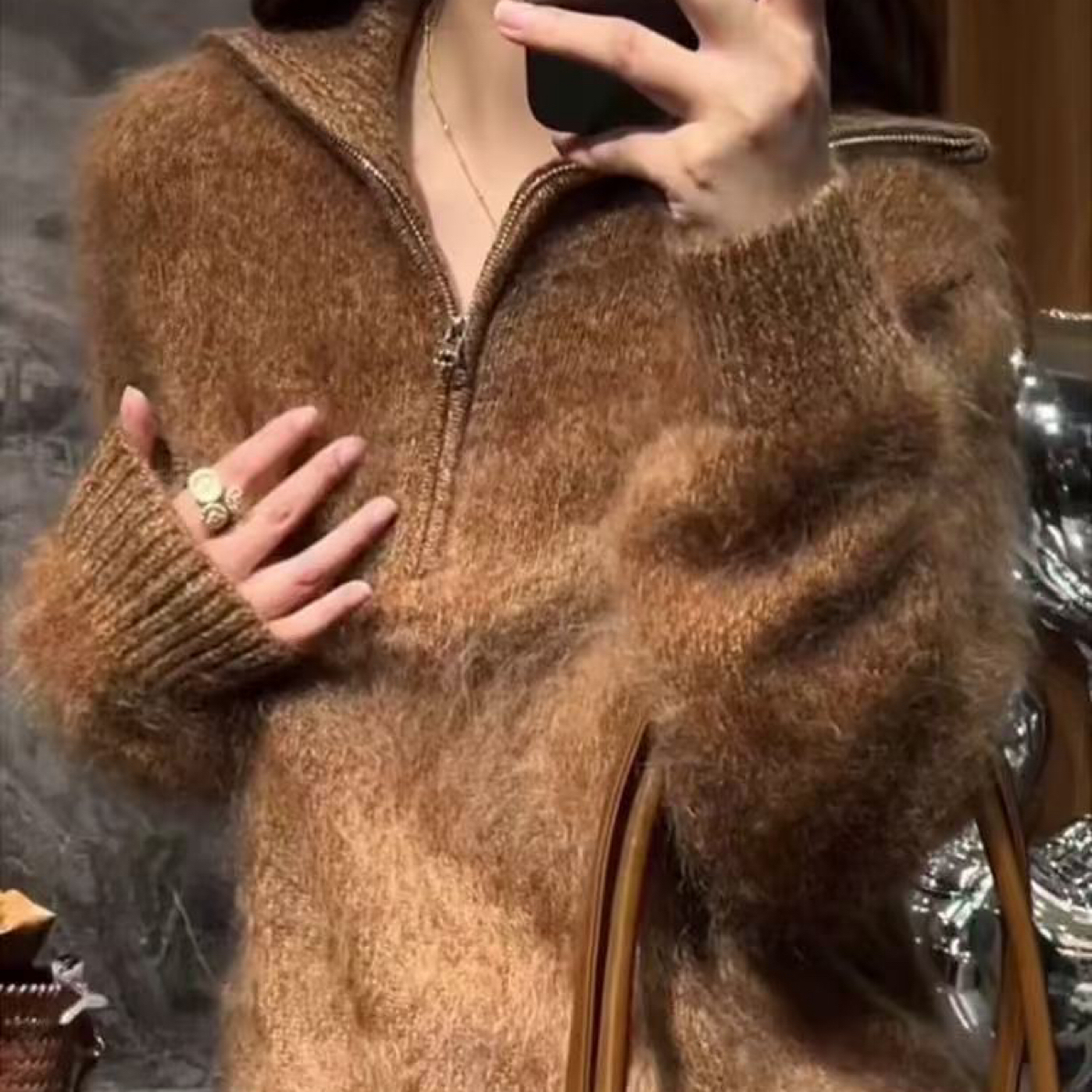 拉绒针织衫女25冬季立领半拉链宽松加厚保暖毛衣7278