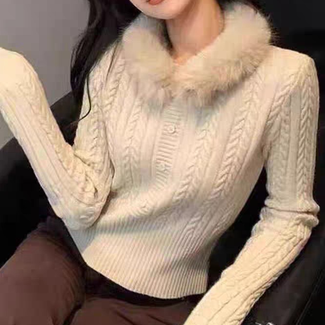 法式高级感拼接毛毛领麻花竖条纹收腰毛衣上衣