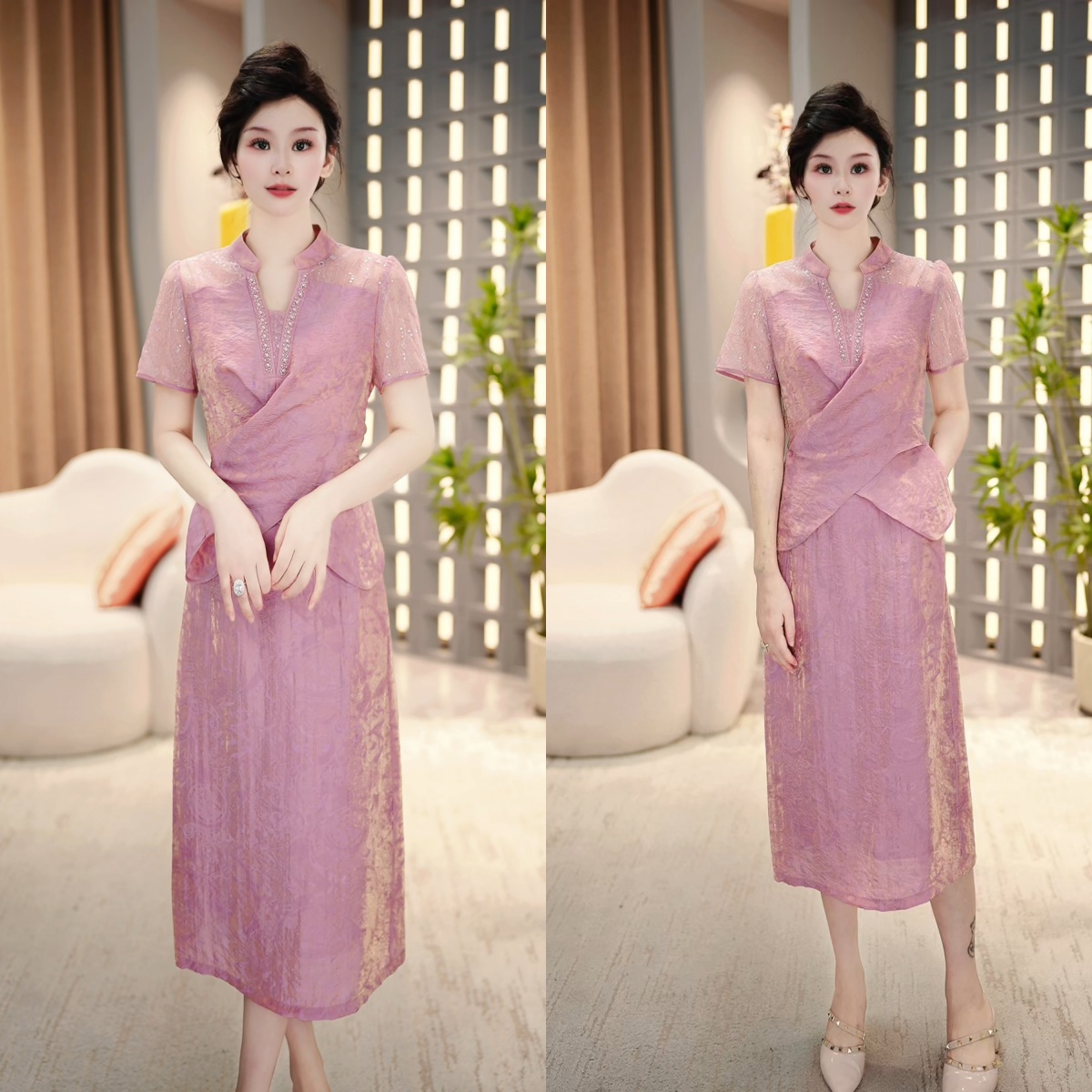 上衣+半身裙 2025夏季洋气国风时尚修身女神减龄粉色套装裙M-4XL