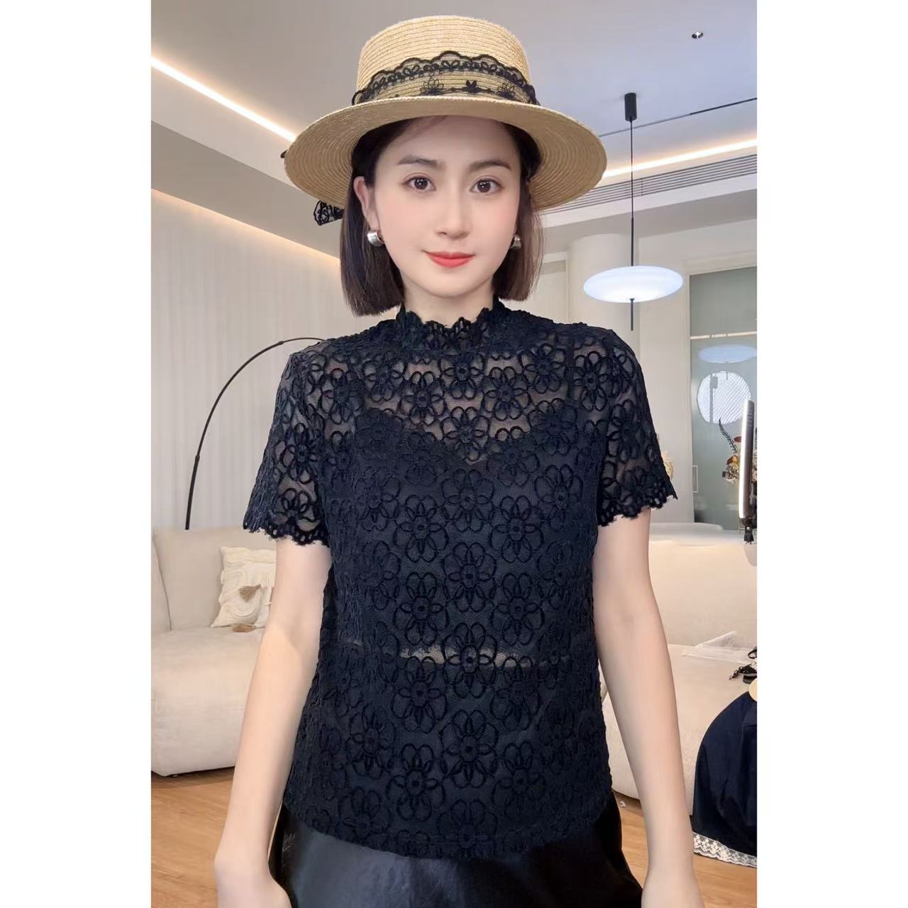 NANAKIKI【园艺蕾丝】蕾丝百搭夏季女士半高领时尚提花T恤KK-9184