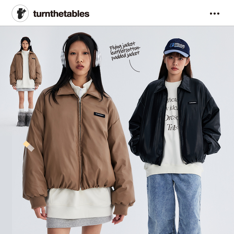 turnthetables短款PU皮飞行夹克棉服潮牌新款宽松机车皮衣外套