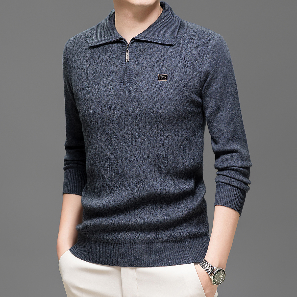 老爷车秋冬加厚含羊毛半拉链翻领时尚毛衣保暖打底上衣