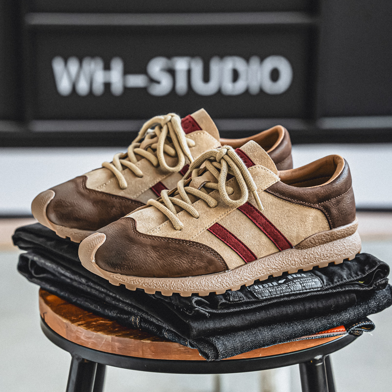 2025春秋季新款真皮潮流复古休闲鞋男士厚底增高板鞋百搭透气男鞋