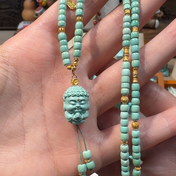 绿松石18K金镶嵌项链宝宝佛