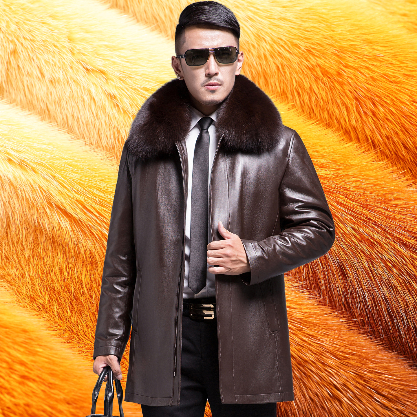 冬季新款海宁皮衣男中老年爸爸装中长款翻领皮大衣加厚毛内胆外套