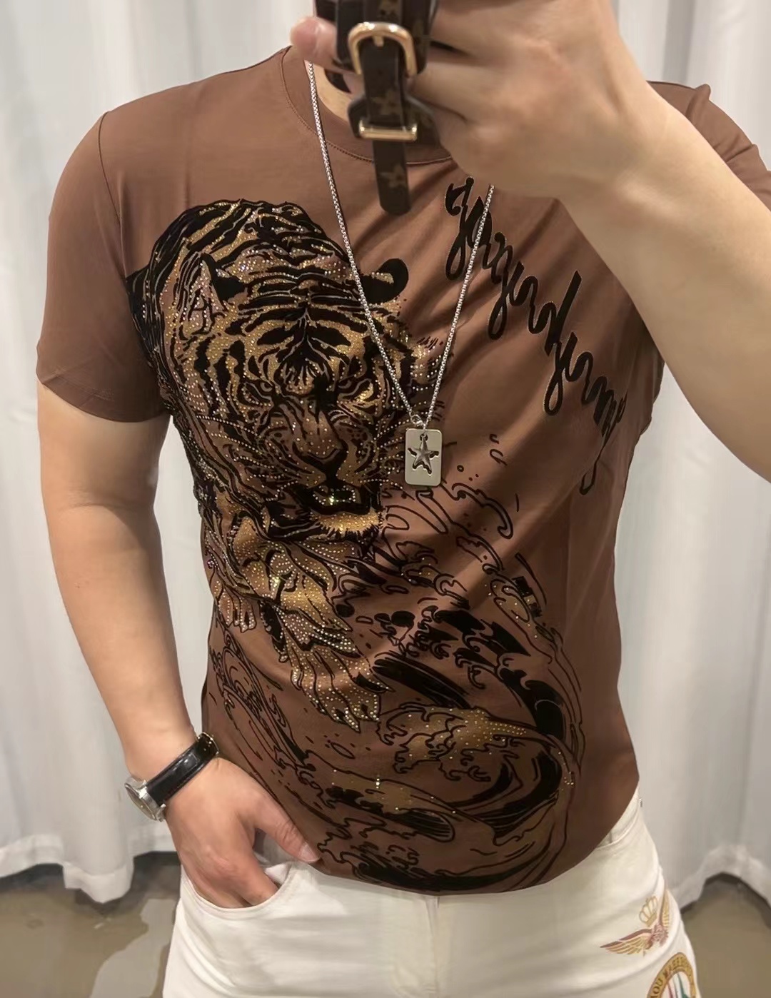 【高品质】夏季短袖欧货重工烫钻老虎薄款T恤男装轻奢帅气百搭修身