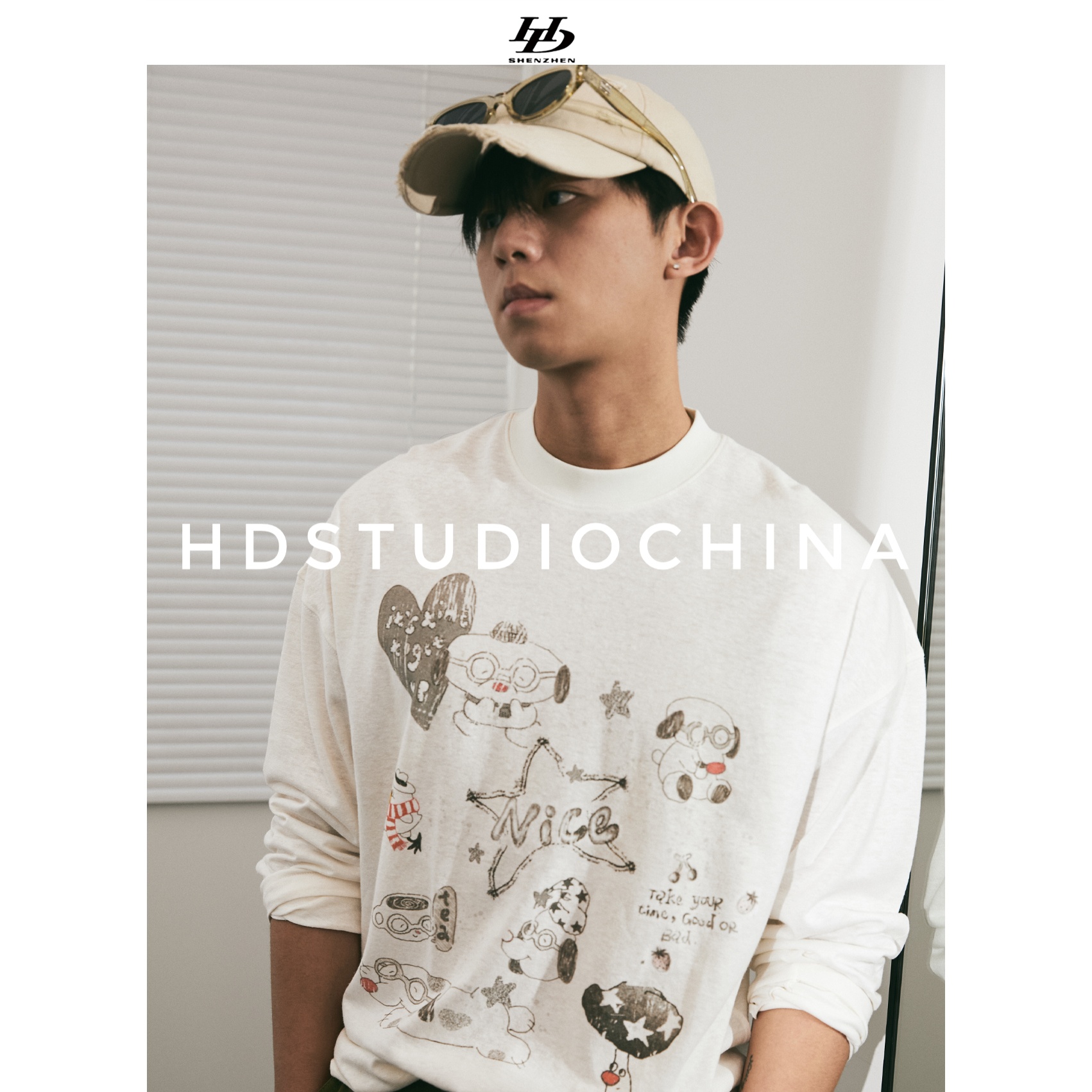 HDSTUDIO「NICE」原创春夏300克休闲男装宽松磨破圆领T恤长袖男装