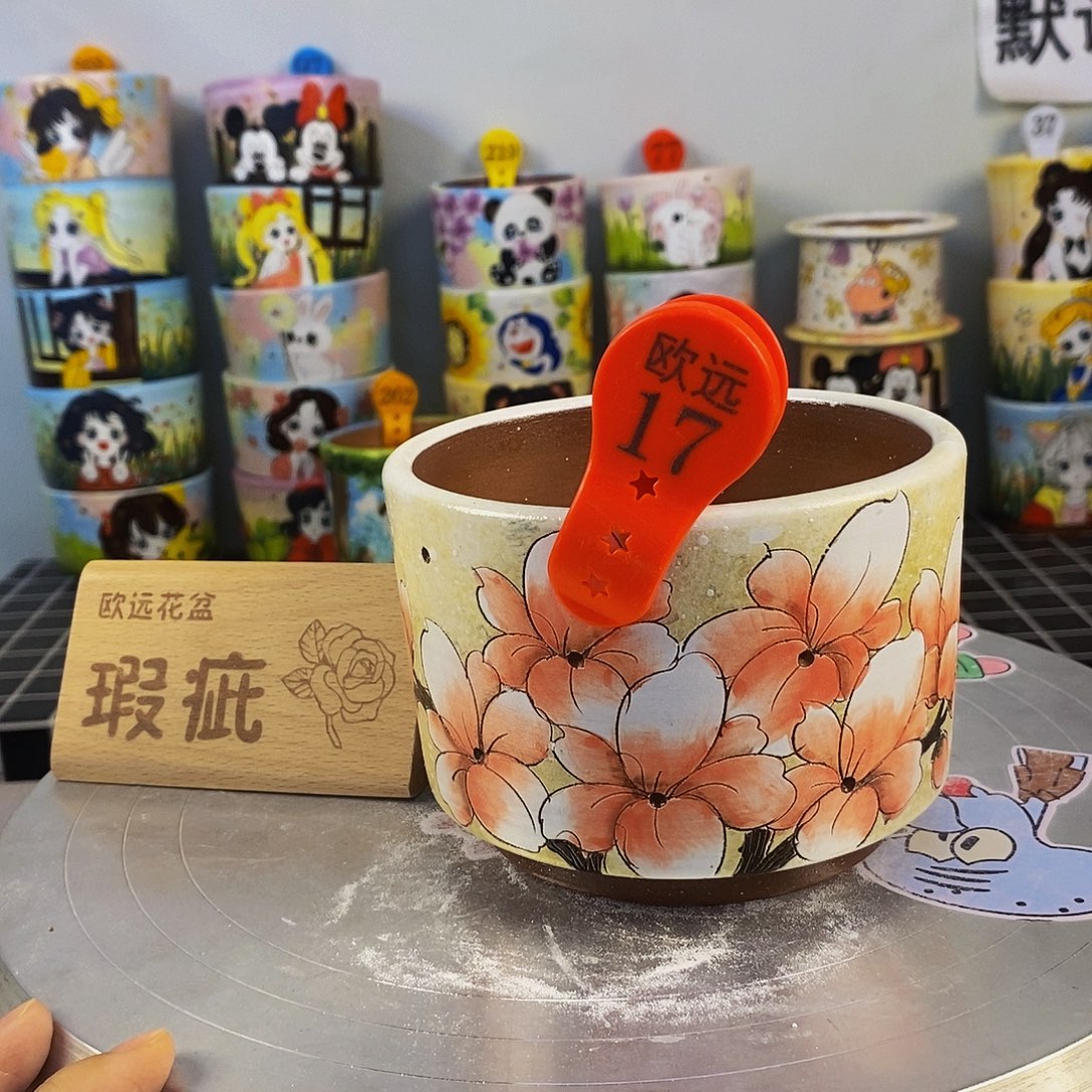 紫砂花盆红陶手绘花盆