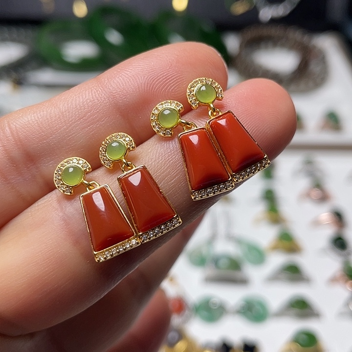 南红玛瑙银S925镶嵌耳饰颜色多样性发其一