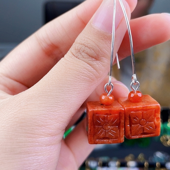 翡翠耳饰银S925镶嵌饰品
