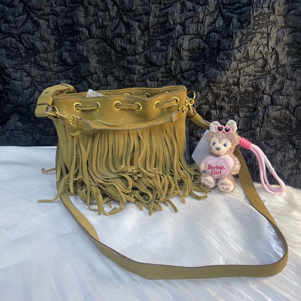 95新 YSL/圣罗兰 圣罗兰驼色流苏水桶斜挎包