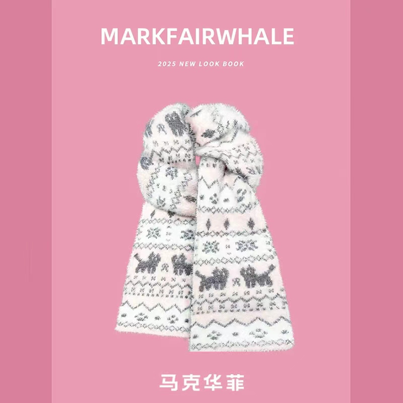 马克华菲费尔岛猫咪提花针织围巾女秋冬季复古氛围感保暖百搭围脖
