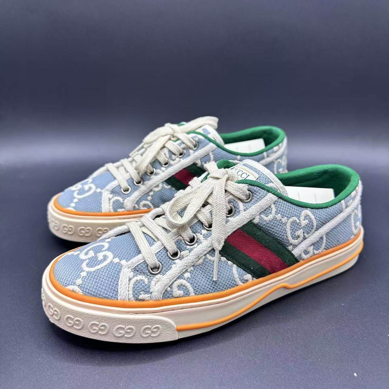 95新 GUCCI/古驰 男士时尚情侣天空蓝印花1977系列板鞋39码 xh029