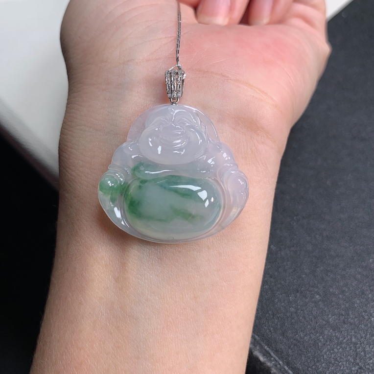 天然缅甸a货翡翠18k金镶嵌糯冰飘绿花佛公吊坠 28x30x5.5mm