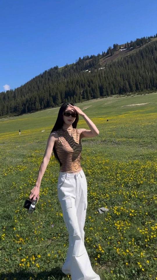 半高领豹纹印花吊带背心女夏工字美式复古显瘦无袖上衣