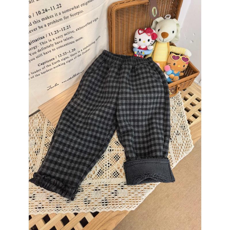 【新疆包邮】中童加绒加厚格子花边裤P354