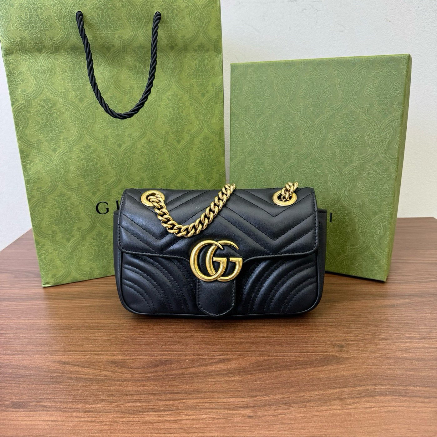 95新 GUCCI/古驰 Gucci/马蒙22/单肩包/黑金/新款内里