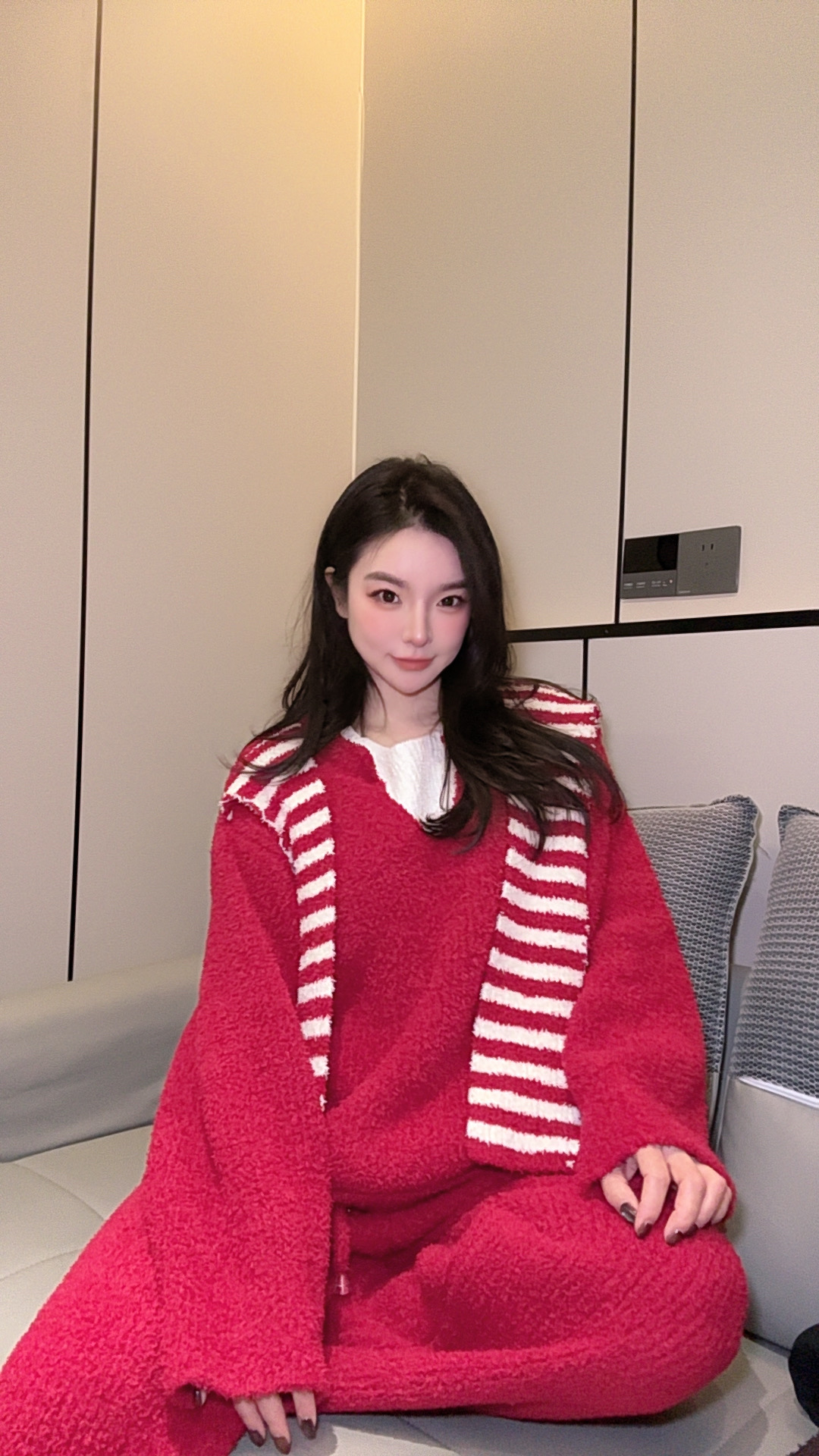 半边绒2025冬季条纹系带加厚休闲宽松慵懒风时尚家居服套装睡衣女