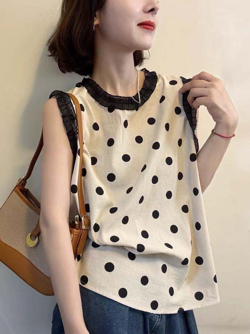 欧洲站2025夏季新款时尚百搭圆领拼接波点温柔风无袖背心女上衣潮
