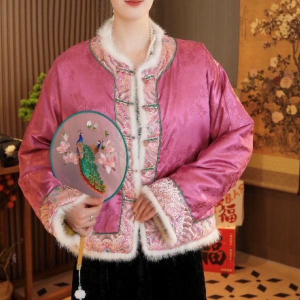 名锦江山双面双穿毛领新中式冬款毛领羽绒服外套2024D6333开心