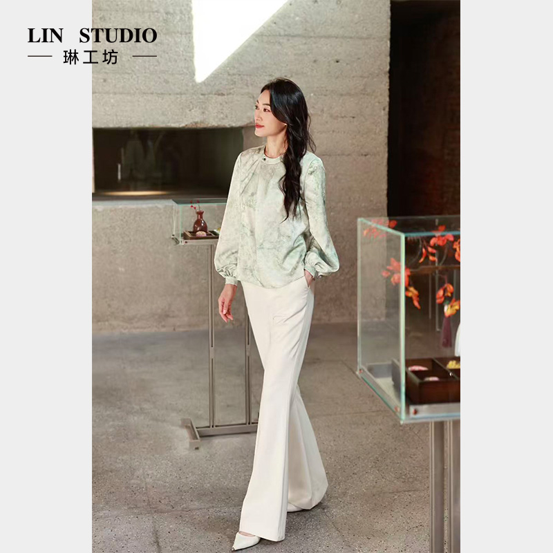 琳工坊“冷玉”绿色衬衫气质优雅提花新中式圆领柔美显瘦唐琳设计师