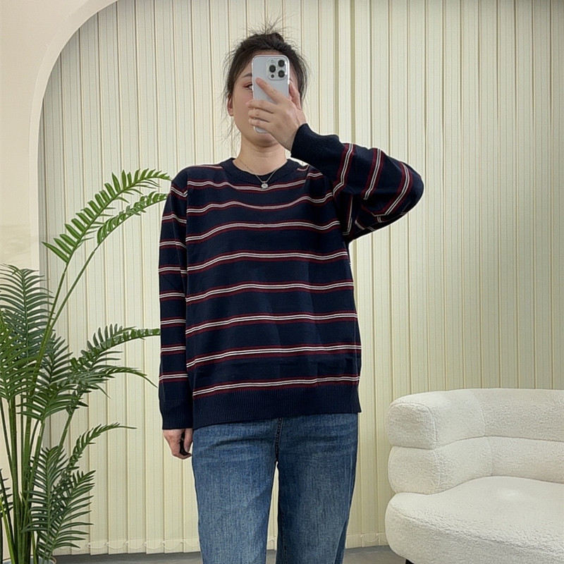 春款微胖大码撞色条纹圆领针织衫时尚慵懒设计款宽松显瘦毛衣上衣
