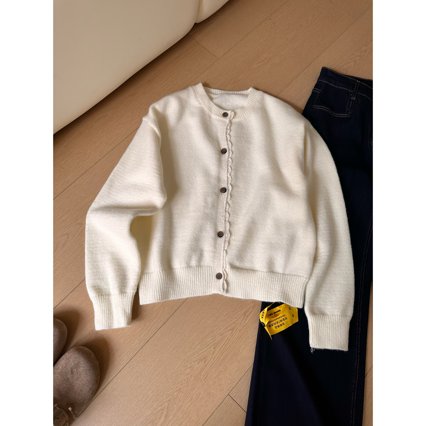 【十三行 】A55圆领蕾丝花边针织开衫女秋冬新款百搭松弛毛衣外套