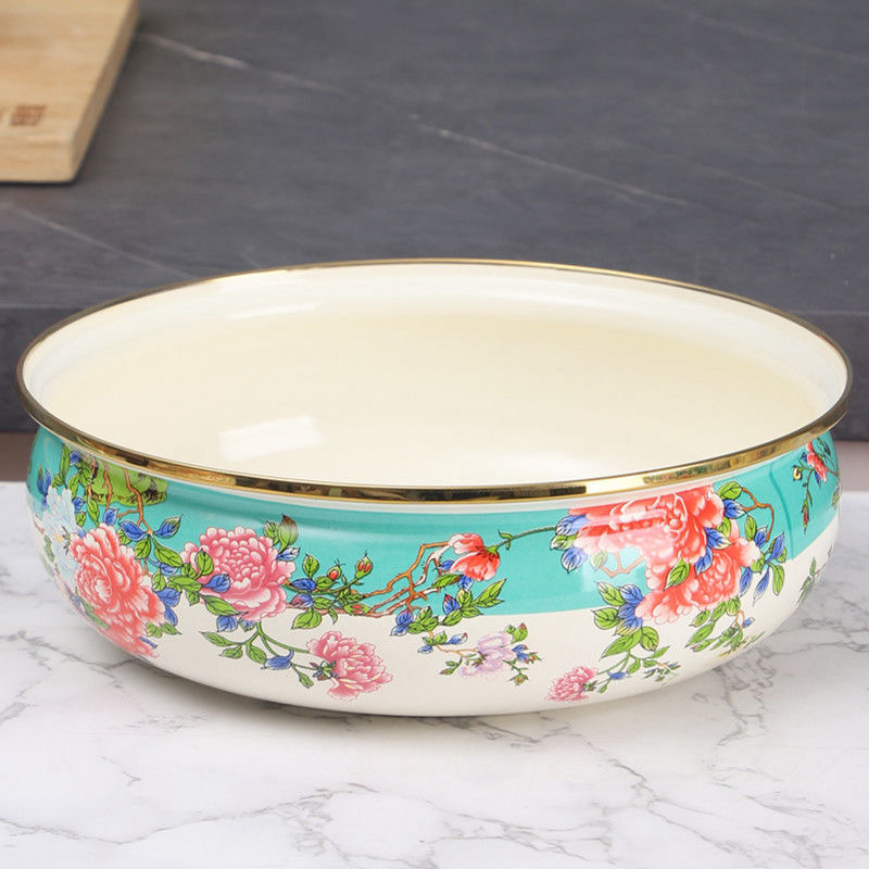 24公分外贸珐琅搪瓷绿牡丹如意盆汤盆1个