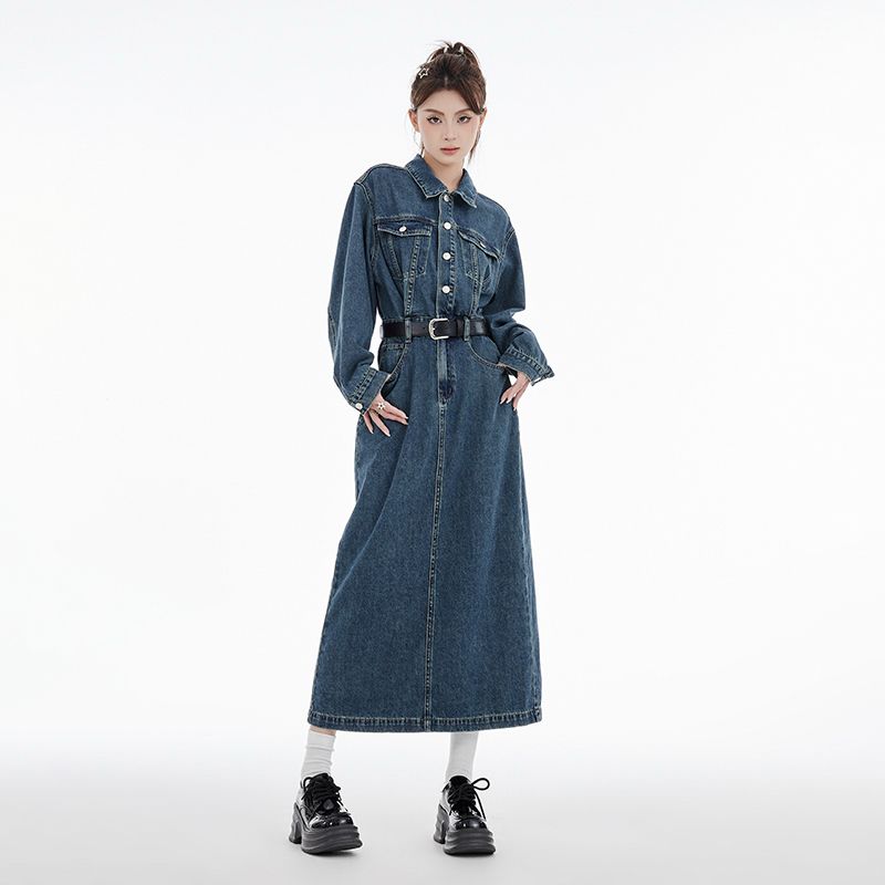 RNBN新款时尚新潮牛仔连体裙女套装减龄收腰穿搭长袖复古长裙