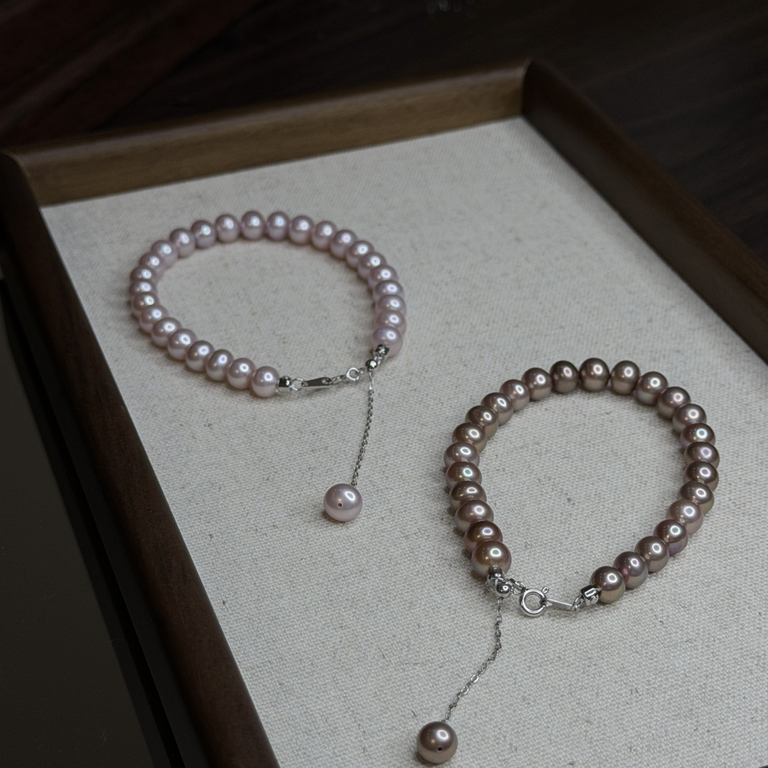 【吉普赛玫瑰】天然珍珠无核极光稀有色温柔紫摩卡金手链7-8mmL1395