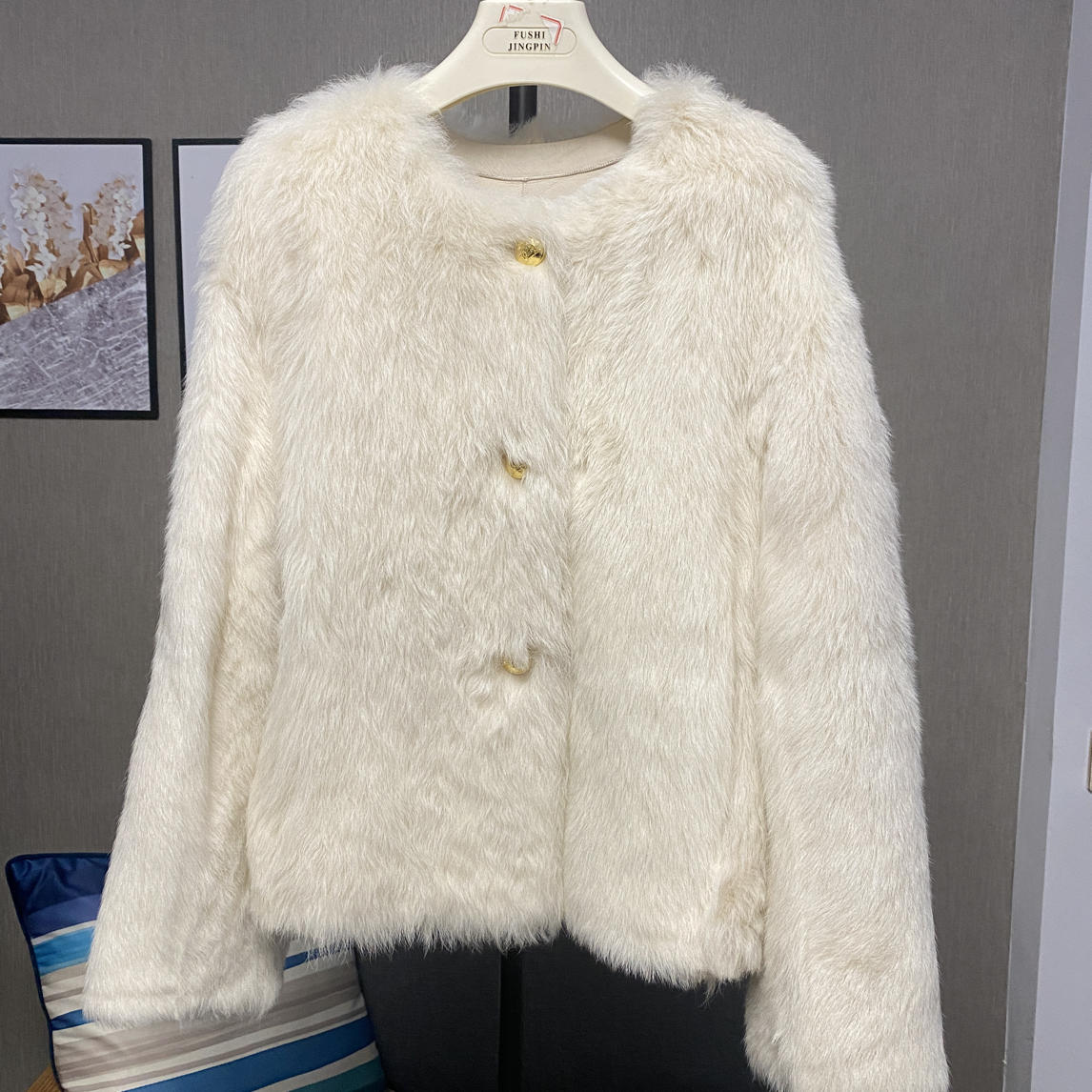 九尺皮草 托斯卡纳真毛真皮皮毛一体短款外套直毛无领毛毛外套