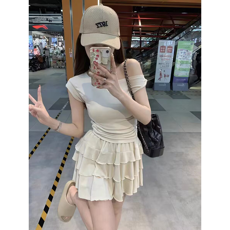 1006# 2025夏季不规则袖口设计感舒适透气上衣＋蛋糕裙套装