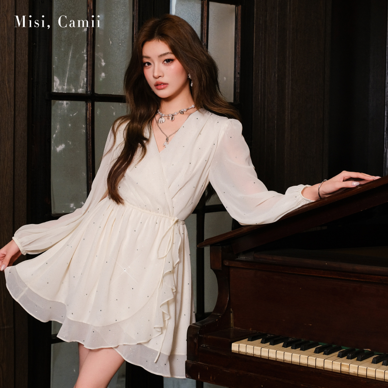 Misi,Camii2025夏季新款女装绑带烫钻乔其纱连衣裙时尚感减龄显瘦