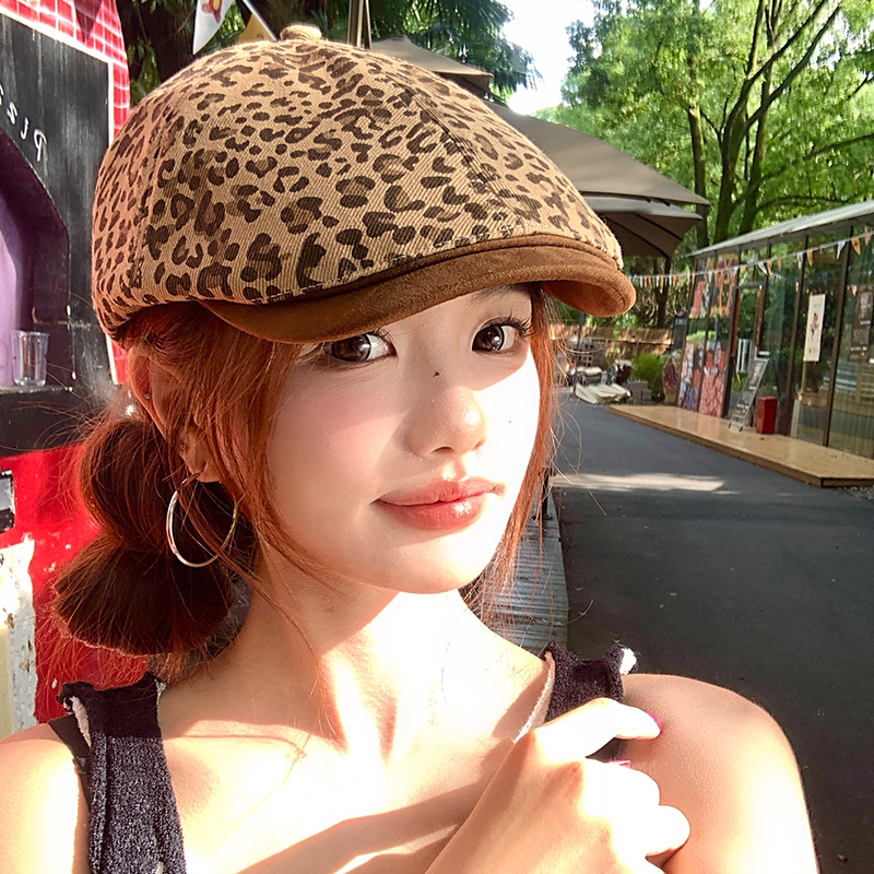 美式复古街头豹纹夏季前进帽女透气大头围显脸小遮阳防晒贝雷帽子