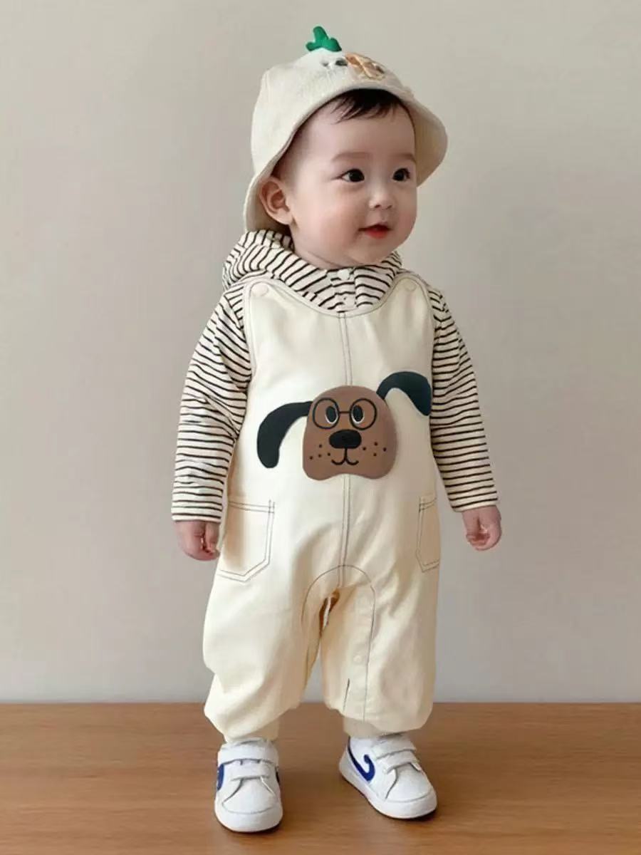 男宝宝秋装小狗背带裤套装婴儿条纹衣服春秋连帽卡通外出服两件套