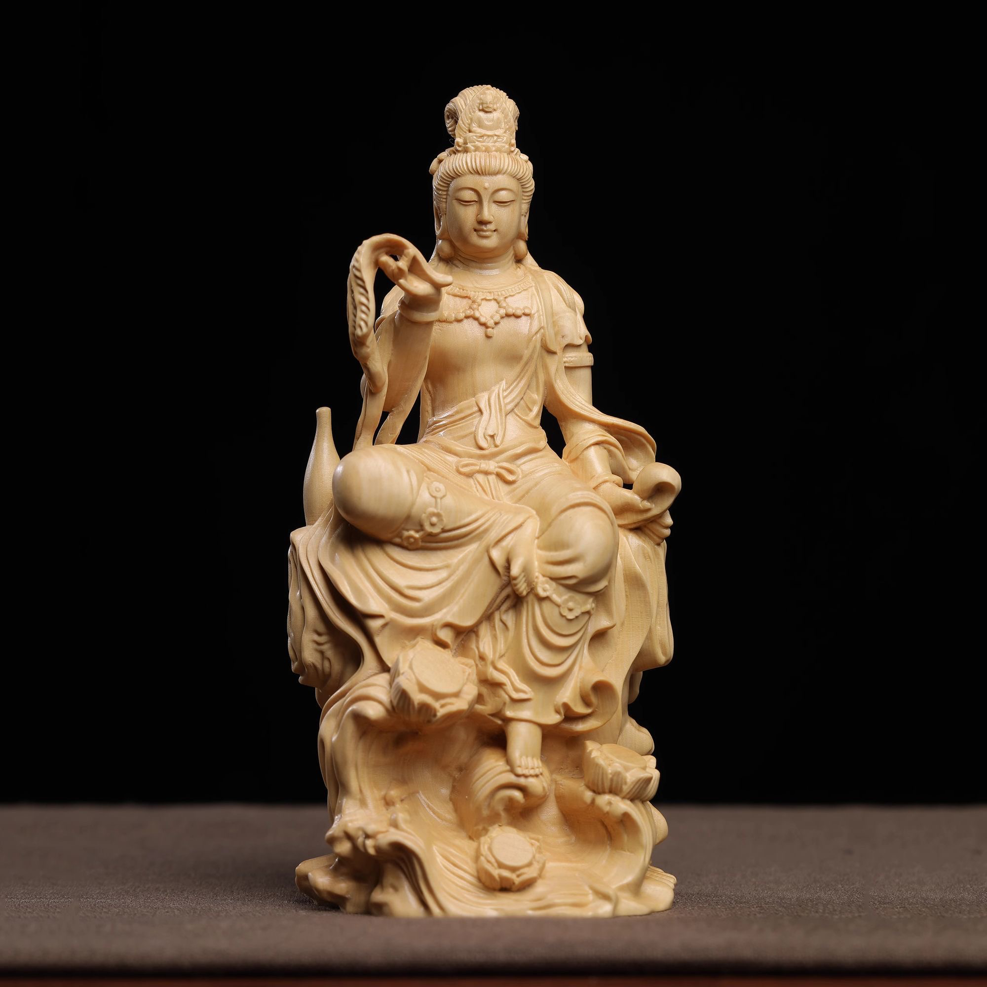 正宗小叶黄杨木精雕水浪自在净瓶观音菩萨家用供奉佛像摆件装饰品