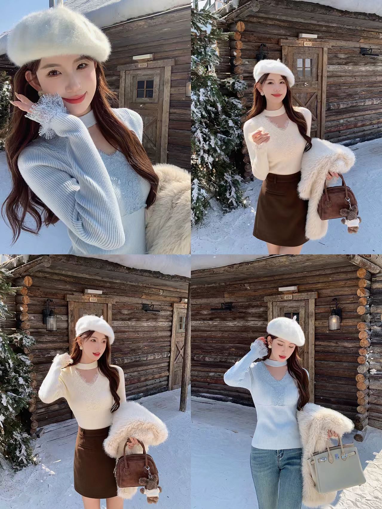 2025年冬蕾丝拼接V领修身百搭针织衫挂脖休闲气质上衣