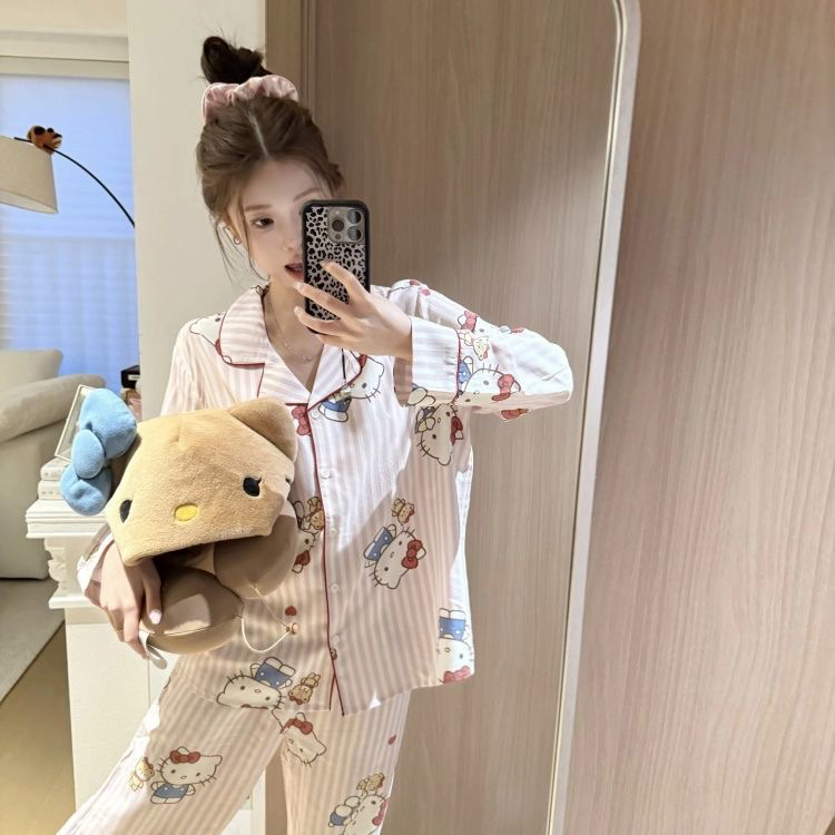 少女甜美日系ins风凯蒂猫蝴蝶结春秋长袖长裤睡衣家居服