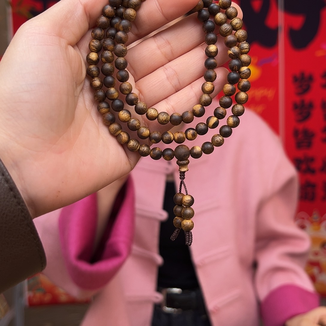 沉香手串海南虎斑奇虎皮纹圆珠多圈一条0.6