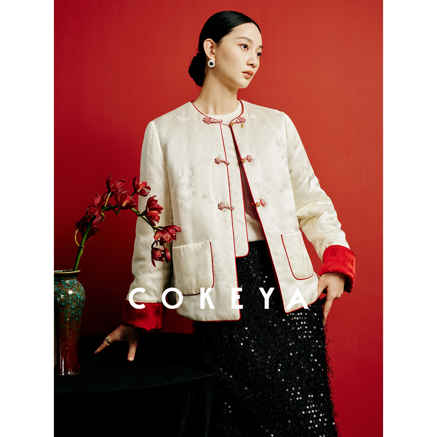 COKEYA/东方美人~柿柿如意纹 暖绒正反两穿新中式棉服/马甲女冬