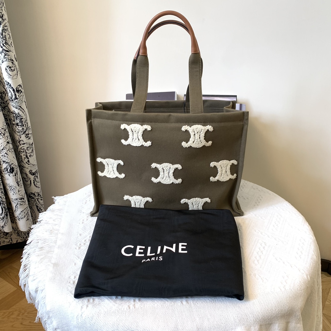 99新 Celine/思琳 橄榄绿凯旋门帆布tote