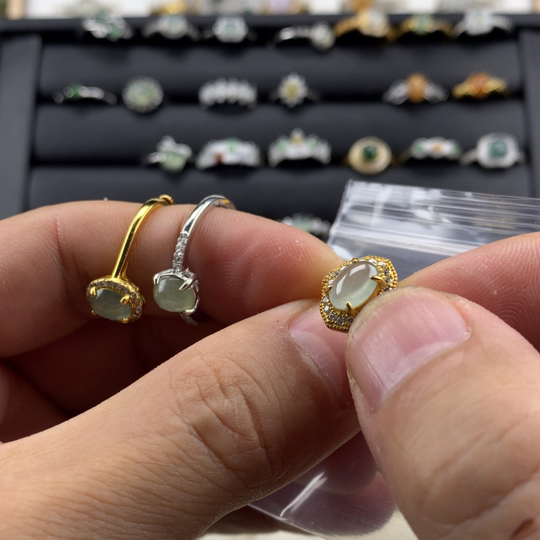 翡翠银S925镀金镶嵌戒指593