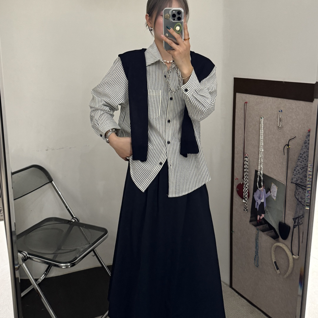 时尚港风韩系披肩条纹长袖衬衫搭配高腰显瘦半身裙秋季女款