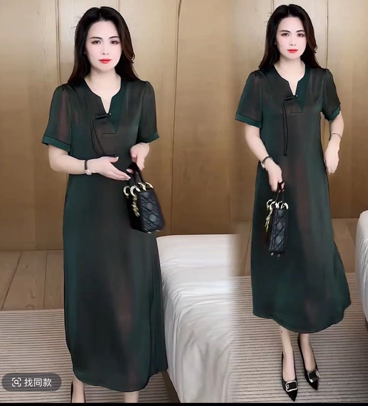 （绿色)中老年妈妈装夏季新款流苏连衣裙气质过膝遮肉大码中长裙