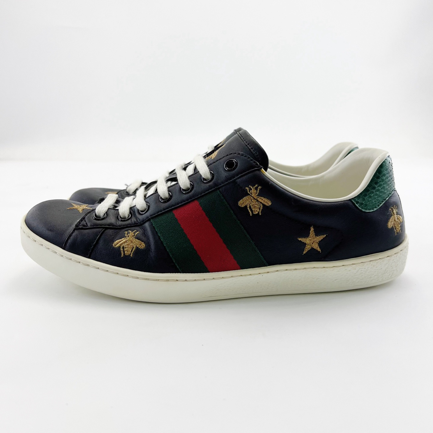 95新 GUCCI/古驰 42码/黑色经典皮革刺绣低帮系带板鞋/15352726