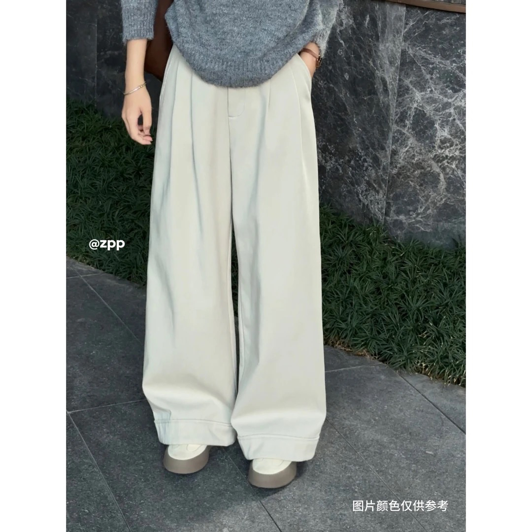 PP～胖胖女款加绒加厚冬款2024新款高腰宽松显瘦阔腿裤灰色长裤子