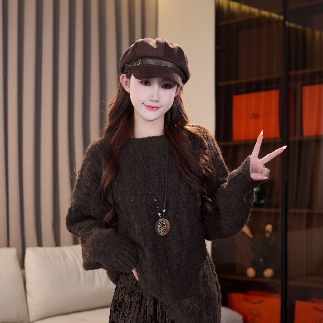 【HUO HUO】秋冬圆领毛衣女细闪宽松显瘦慵懒灰色圆领针织衫J07