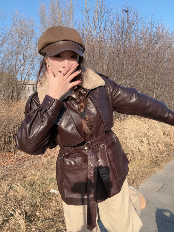 皮衣羽绒羊毛领冬季修身型中长款女装洋气翻领韩版