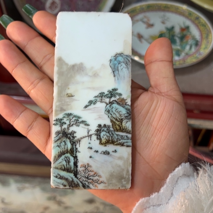 陶手工手画粉瓷板山水画