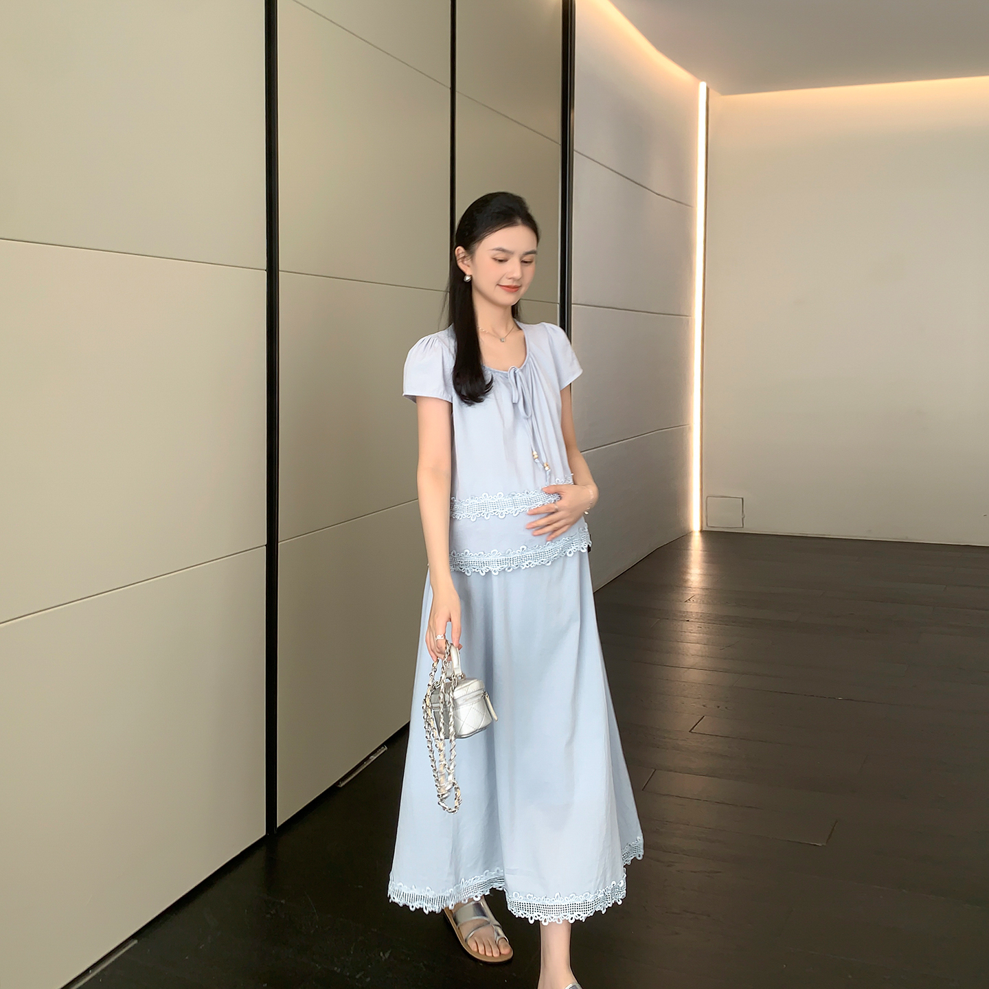 ZMA孕妇装【蕾丝系带衬衫套】甜美减龄孕妇装套新款夏季显瘦透气